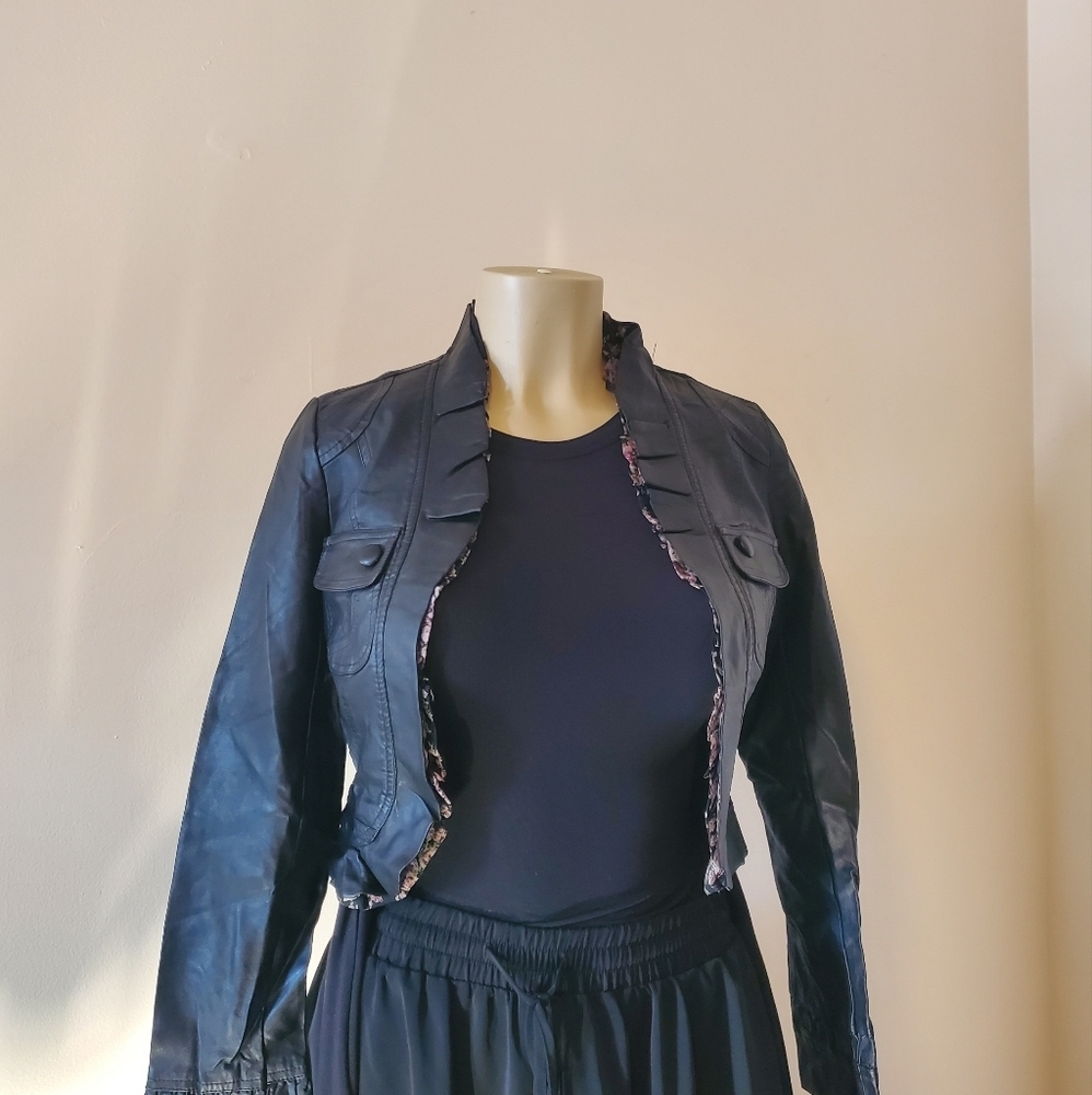 Faux Leather Floral Underlined Motto Jacket Size Large NEW